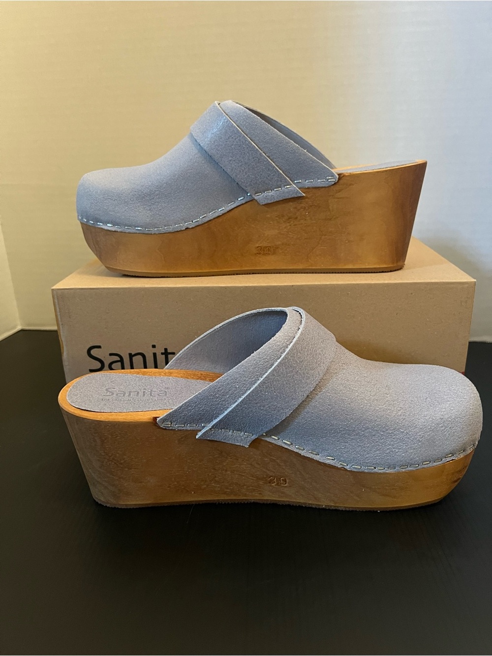 Sanita Powder Blue Suede Platform Clogs with Wood Sole